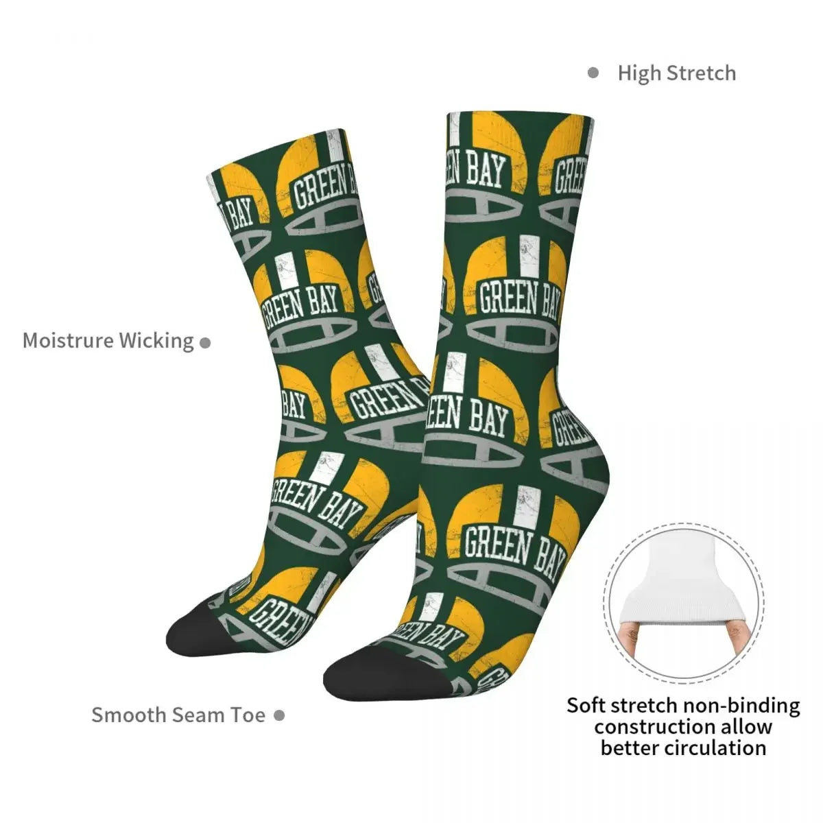 Green Bay Retro Helmet Socks: A Unique and Stylish Statement - Premium socks from Lizard Vigilante - Just $17.99! Shop now at Lizard Vigilante