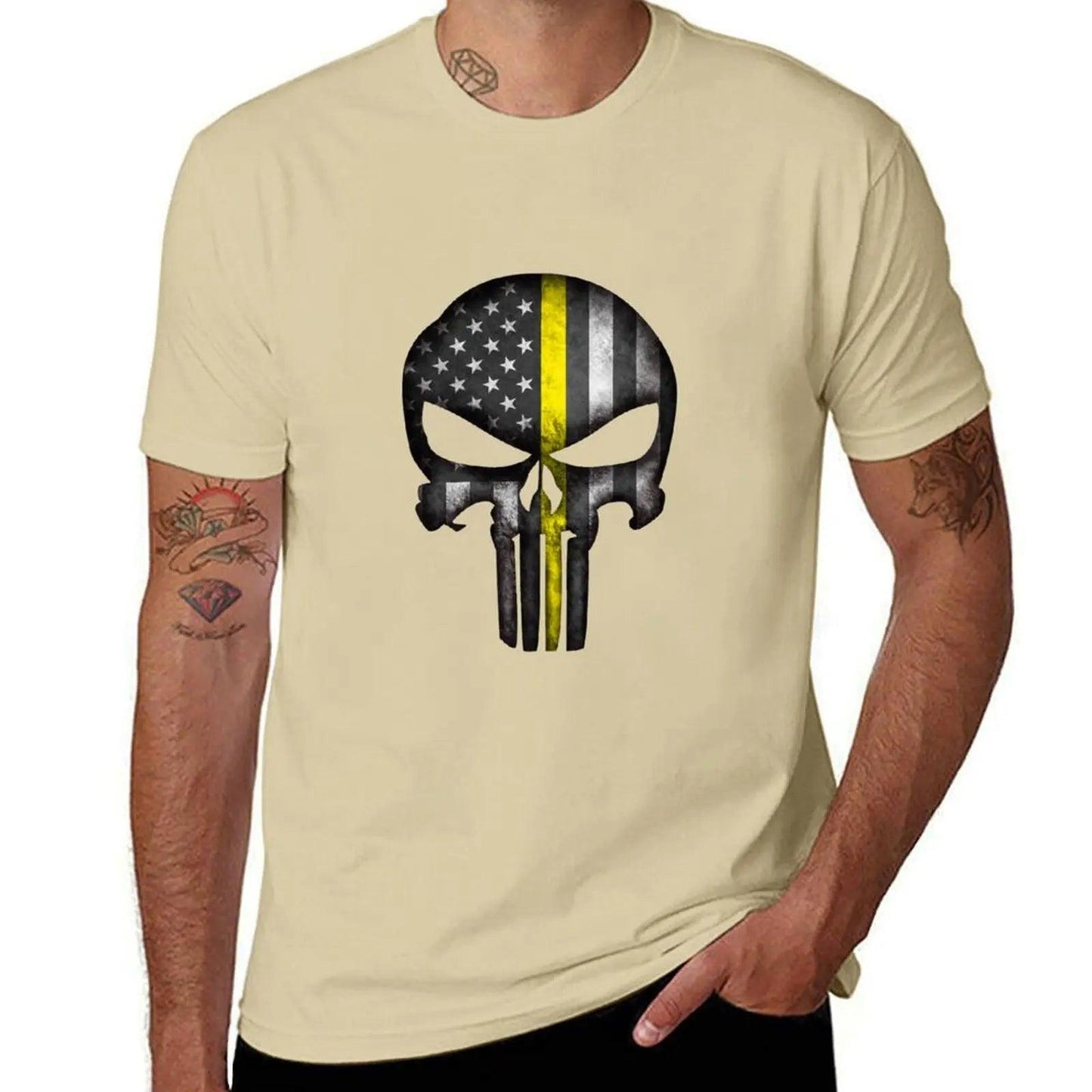 Thin Yellow Line Skull T-Shirt Summer Top Aesthetic Clothing Mens Graphic T-Shirts Pack - Lizard Vigilante