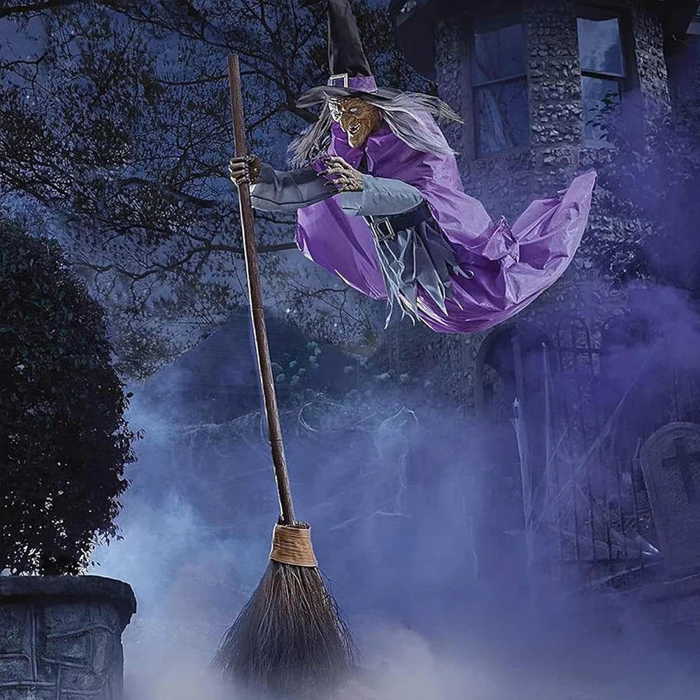 Halloween Props with Terrifying Sounds and Lights Fun Costumes Flying Scary Witch Broom Wizard Decor for Garden Yard Lawn Indoor