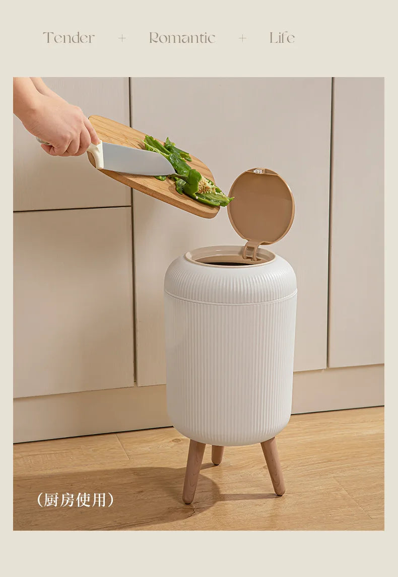 Imitation wood grain high foot garbage bin, press type with lid, household high-end feeling, light luxury garbage bin