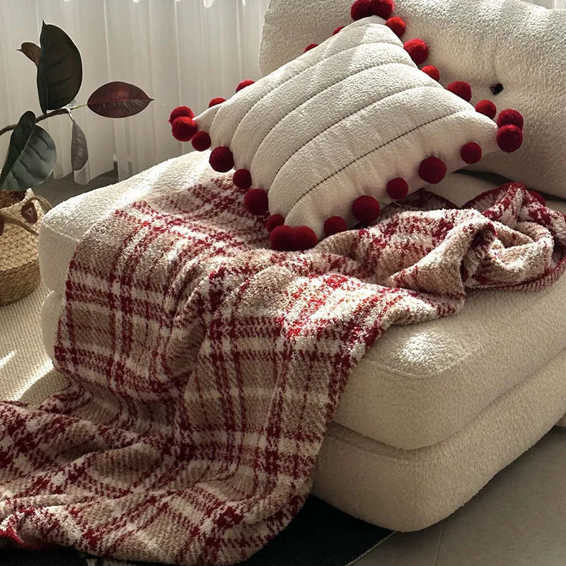Half Flannel Plaid Blanket with Wool Balls Four Season Universal Red Soft Sofa Blanket Warm Napping Shawl for Home Travel
