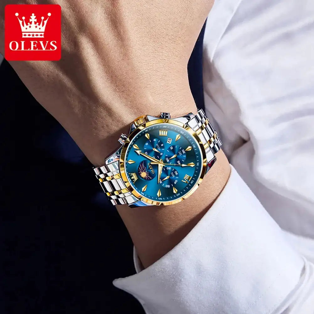 OLEVS 3653 Men Watch Luxury Brand Quartz Watch Multi functional Automatic Date Timer Watch Waterproof Luminous Moonphase Watch