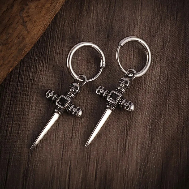 Vintage Black Skull Needle Hoop Earrings – Hypoallergenic Punk Biker Rock Jewelry for Men - Premium earrings from Lizard Vigilante - Just $19.88! Shop now at Lizard Vigilante