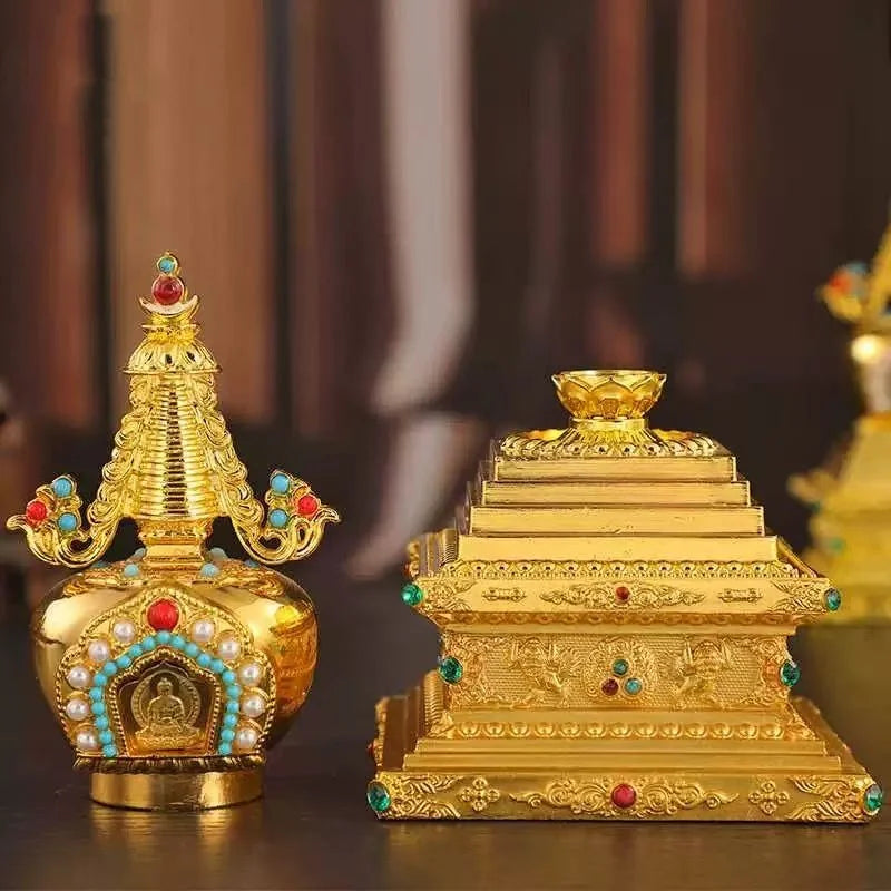 Buddha Statue Pagoda,Engraving Inlaid Gem Tibetan Alloy Double-Layer Tower,Altars Stupa,Buddhist Item Religious Decorative