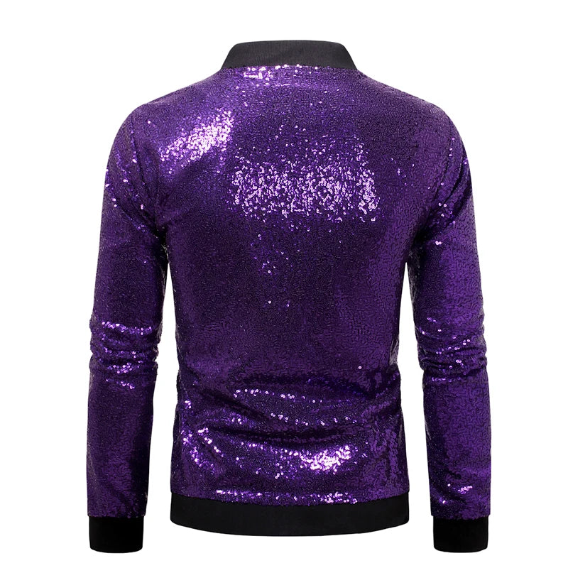 Men’s Purple Sequin Bomber Jacket – Zip-Up Sparkle Baseball Coat for Parties - Premium bomber jacket from Lizard Vigilante - Just $64.69! Shop now at Lizard Vigilante