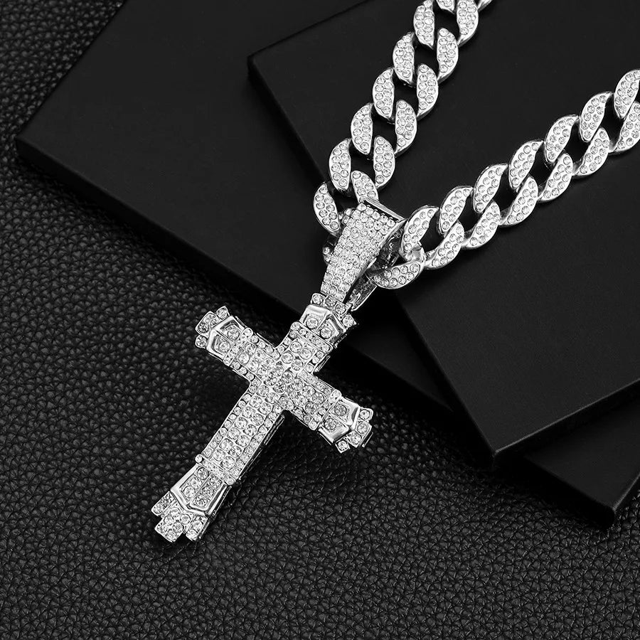 Rap Cross Pendant Necklace | Rhinestone Hip-Hop Jewelry | Unisex Gold and Silver Chains - Premium Necklace from Lizard Vigilante - Just $15.99! Shop now at Lizard Vigilante