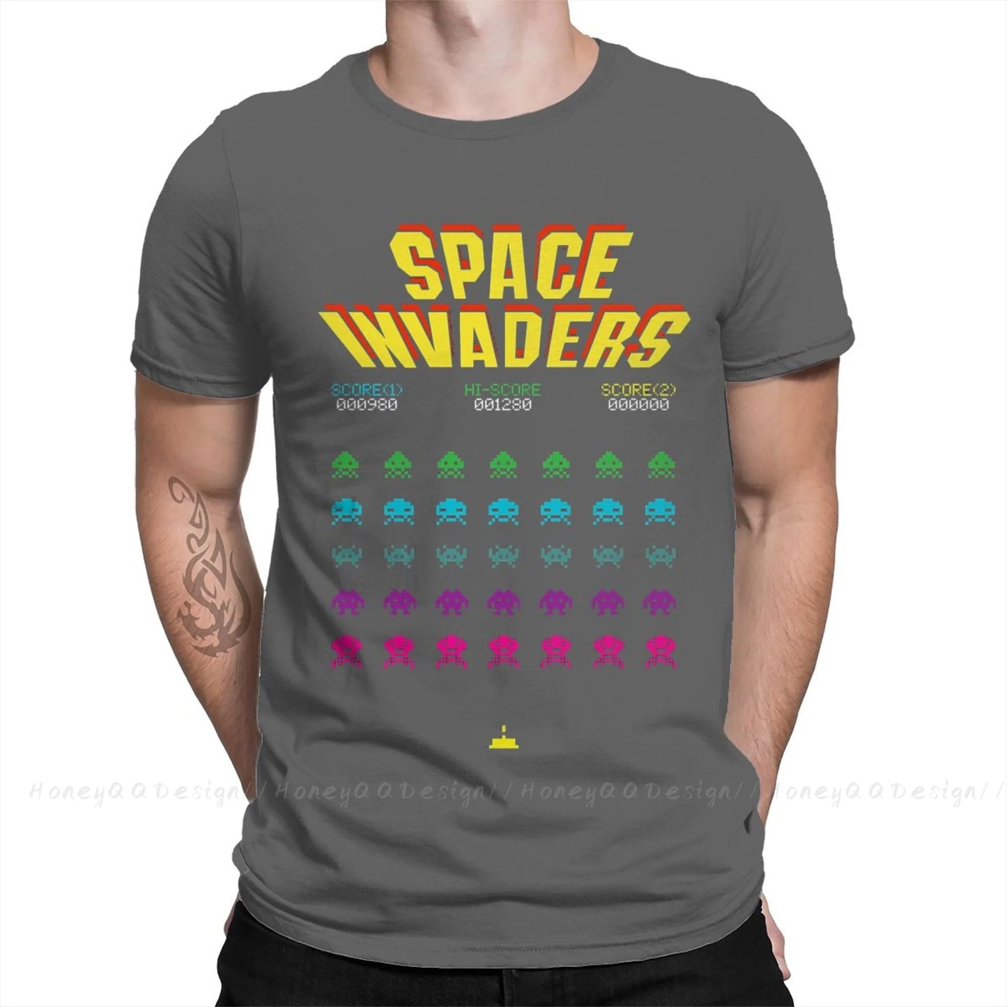 Space Invaders T-Shirt 70s 80s Arcade Game Men 100% Cotton Short Summer Sleeve Casual Plus Size Shirt Adults - Lizard Vigilante