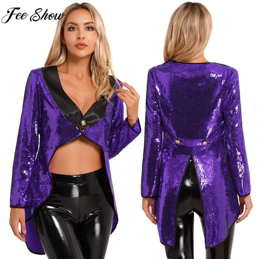 Womens Circus Ringmaster Cosplay Costume Halloween Theme Party Magician Stage Performance Clothes Shiny Sequin Tailcoat Jacket - Premium  from Lizard Vigilante - Just $37.99! Shop now at Lizard Vigilante