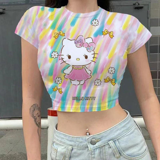 Kawaii Print Hello Kitty Y2K Crop Top | Slim Fit Women's Summer Party T-Shirt - Premium T-Shirts from Lizard Vigilante - Just $23.99! Shop now at Lizard Vigilante