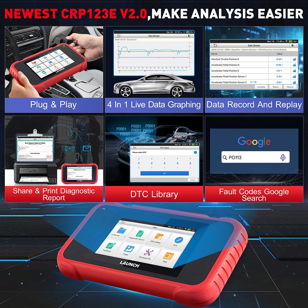 New 2024 LAUNCH X431 CRP123E V2.0 Car OBD2 Diagnostic Tools Auto OBD Scanner ABS SRS Engine AT+ 7 Reset Service Free Update - Premium  from Lizard Vigilante - Just $285.99! Shop now at Lizard Vigilante