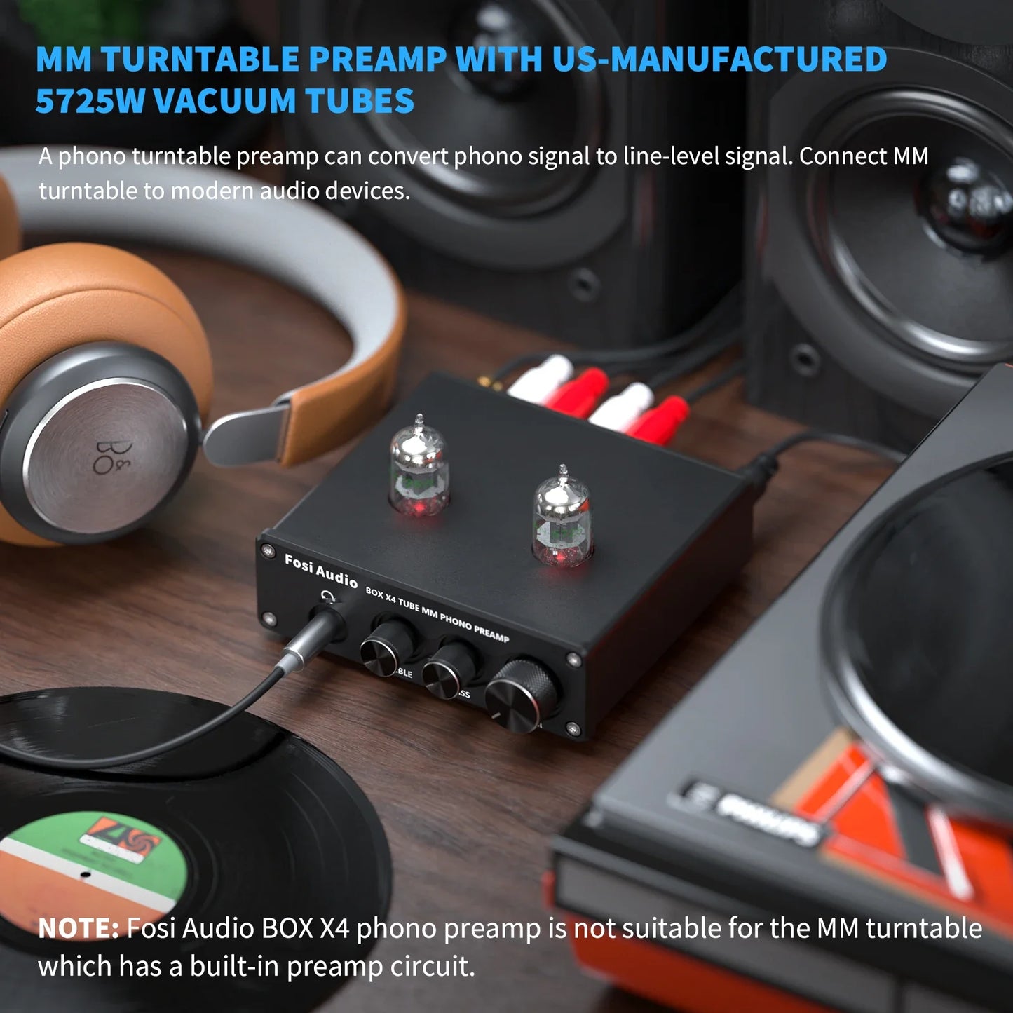 Fosi Audio Phono Preamp for Turntable Phonograph Preamplifier With 5654W Vacuum Tube Amplifier HiFi BOX X4
