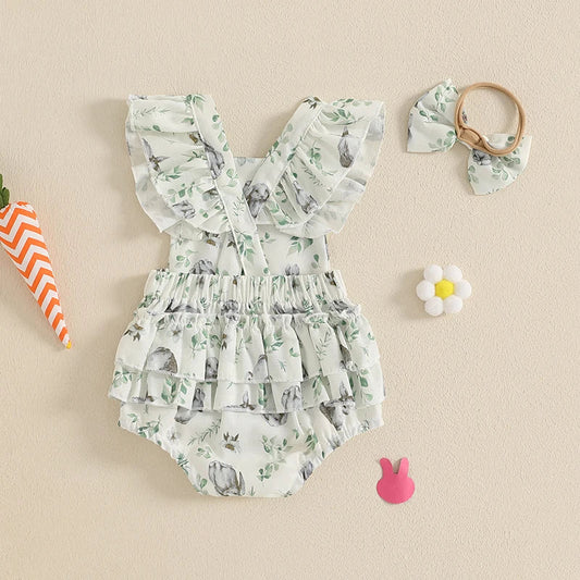 Toddler Girls 3Pcs Spring Outfits Floral Ruffle Sleeveless Romper Shorts Headband Set Baby Clothes Easter Costume