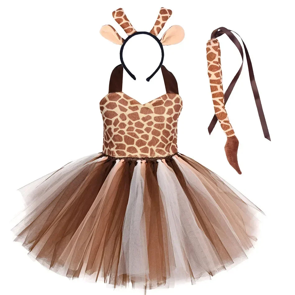 Halloween Animal Cosplay Costume for Children Forest Theme Cows Tiger Giraffe Leopard Zebra Tutu Dresses Performance Dance Sets