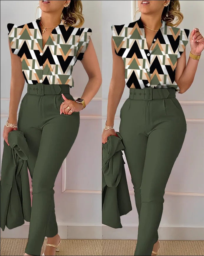 Women's Elegant Floral Slim Two-Piece Set - V-Neck Flying Sleeve Top & High-Waist Pencil Pants with Sash Belt - Premium suit from Lizard Vigilante - Just $38.88! Shop now at Lizard Vigilante