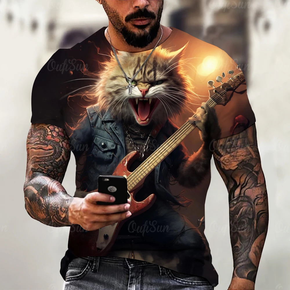 Funny T Shirt For Men Summer Short Sleeve Animal T-Shirts Rock Metal Cat 3d Print Fashion Casual Street Oversized Men's Clothing - Premium T-Shirt from Lizard Vigilante - Just $22.99! Shop now at Lizard Vigilante