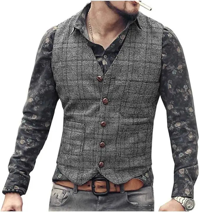 Men’s Vintage Tweed Plaid Vest – Classic Slim Fit Waistcoat for Weddings & Business - Premium vest from Lizard Vigilante - Just $42.88! Shop now at Lizard Vigilante