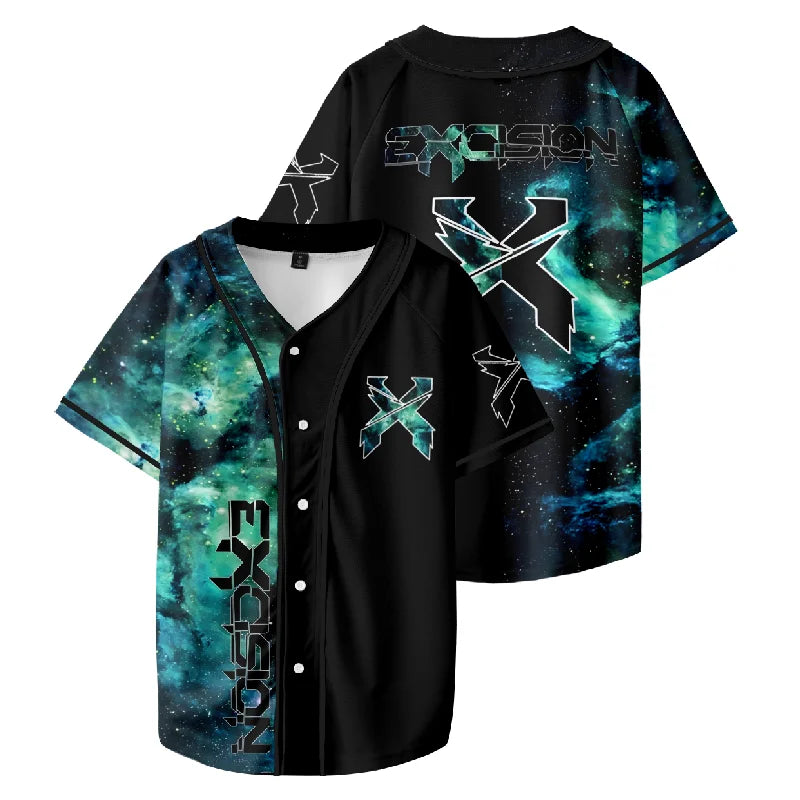 Excision Custom Baseball Jersey – Blue/Green Galaxy Harajuku Style EDM-Inspired Button-Up Uniform for Spring & Summer Vibes - Premium jersey from Lizard Vigilante - Just $38.88! Shop now at Lizard Vigilante