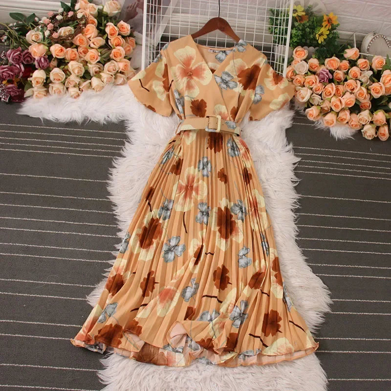Women Dress Fashion Vintage Ins Bandage Slim Waist A-line Long Dress Vacation Beach Summer Outfits Lady Robe Femme