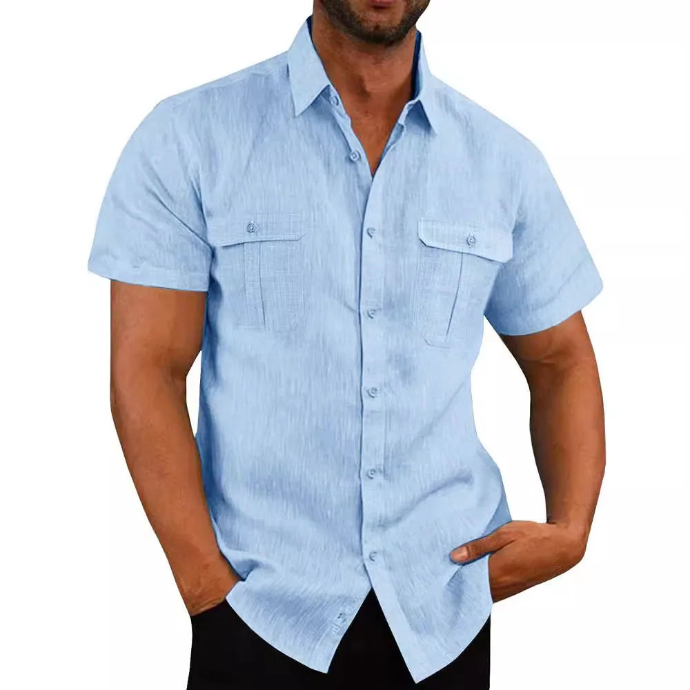 Men's Shirt Double Pocket Cotton Linen Short Sleeve Shirts for Men Casual Holiday Beach Shirt streetwear Solid Color Slim Fit - Premium  from Lizard Vigilante - Just $23.99! Shop now at Lizard Vigilante