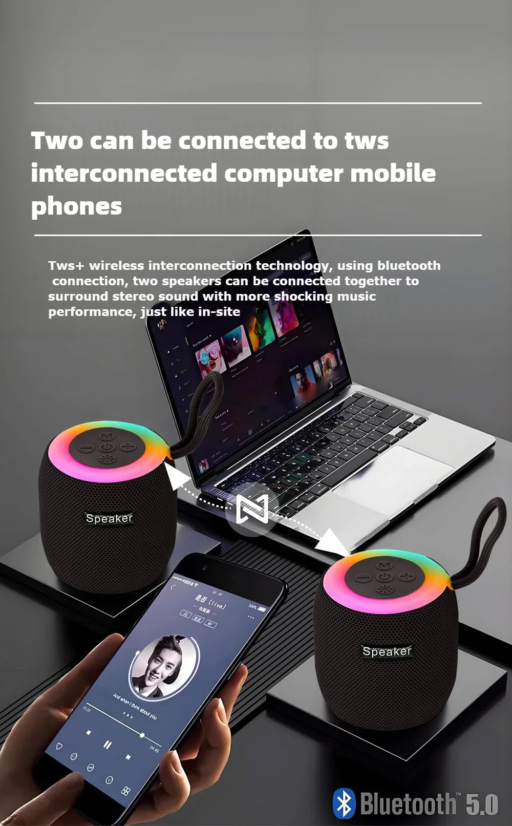 Outdoor portable wireless Bluetooth speaker, subwoofer, car and home with colorful lights, atmospheric small mini speaker