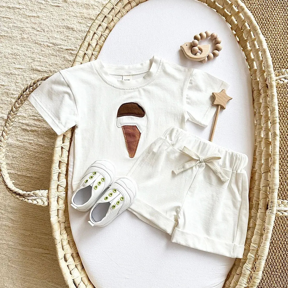 Baby Outfit Set for Newborns -Summer Ice Cream Print round Baby Outfit SeNeck T-shirt Sports Shorts 2PCS  Combo Unisex 0-3 Years