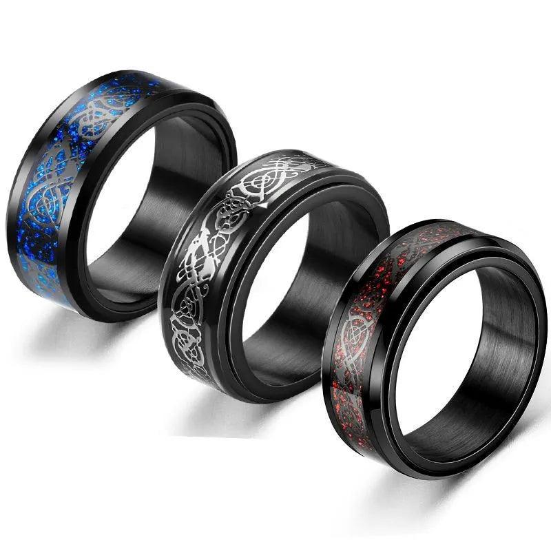 Punk Celtic Dragon Rotating Anxiety Ring For Men Fidget Spinner Stainless Steel Inlay Carbon Fiber Metal Rock Band Ring Anillo - Lizard Vigilante