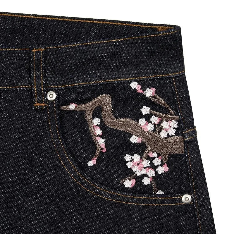 Cherry Blossom Selvedge Wide-Leg Jeans – Y2K Baggy Embroidered Denim Streetwear for Men & Women