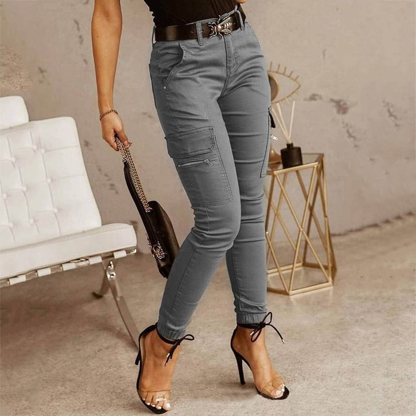 Women's Plus Size High-Waist Cargo Pants – Solid Zipper Pocket Design, Full-Length Casual Wide-Leg Pants for Everyday Comfort - Premium cargo pants from Lizard Vigilante - Just $38.88! Shop now at Lizard Vigilante