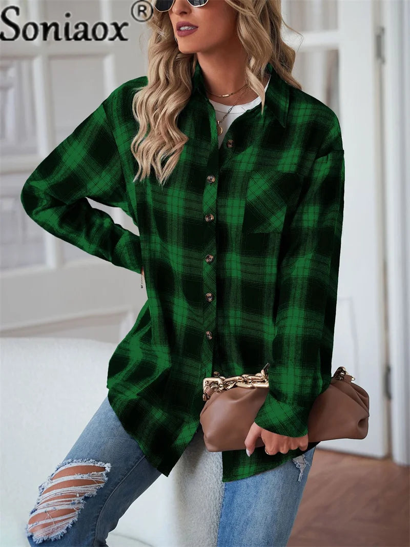 Women’s Flannel Plaid Shirt – Loose Fit Button-Up Casual Long Sleeve Blouse - Premium shirt from Lizard Vigilante - Just $42.88! Shop now at Lizard Vigilante