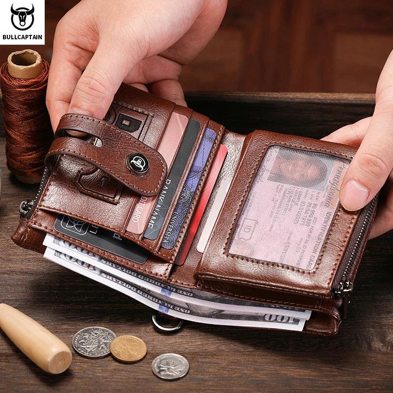 BULLCAPTAIN Men's Genuine Leather Wallet Business Retro Snap Wallit Multifunctional RFID Anti-Theft Zipper Multi-Card Coin Purse - Lizard Vigilante