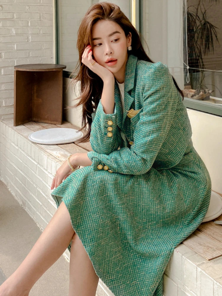 Women’s 2-Piece Korean Chic French Temperament Suit – V-neck Pearl Button Puff Sleeve Jacket with High Waist Swing Skirt for a Timeless Autumn Look - Premium skirt from Lizard Vigilante - Just $88.88! Shop now at Lizard Vigilante