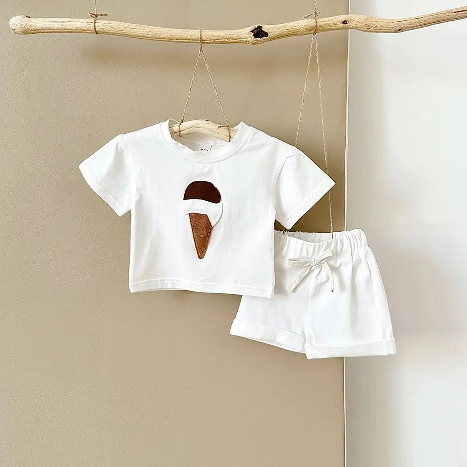 Baby Outfit Set for Newborns -Summer Ice Cream Print round Baby Outfit SeNeck T-shirt Sports Shorts 2PCS  Combo Unisex 0-3 Years