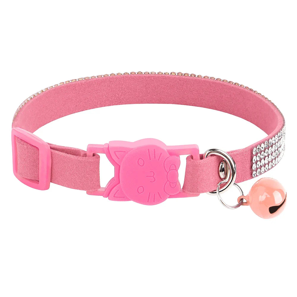 Soft Suede Leather Cat Collar Bling Rhinestone Cats Collars with Bell Safety Breakaway Pet Puppy Necklace Adjustable XS S Pink