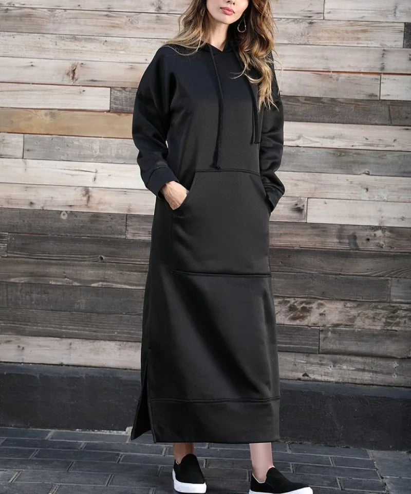 Women’s Hoodie Dress Winter Warm Lace-Up Hem Long Sweatshirt Casual Loose Midi Robe
