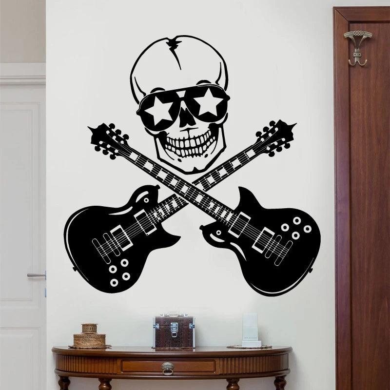 Rock Art Creative Designed Wall Stickers Double Guitars With Skull Silhouette Special Wall Murals Home Musical Decor - Lizard Vigilante