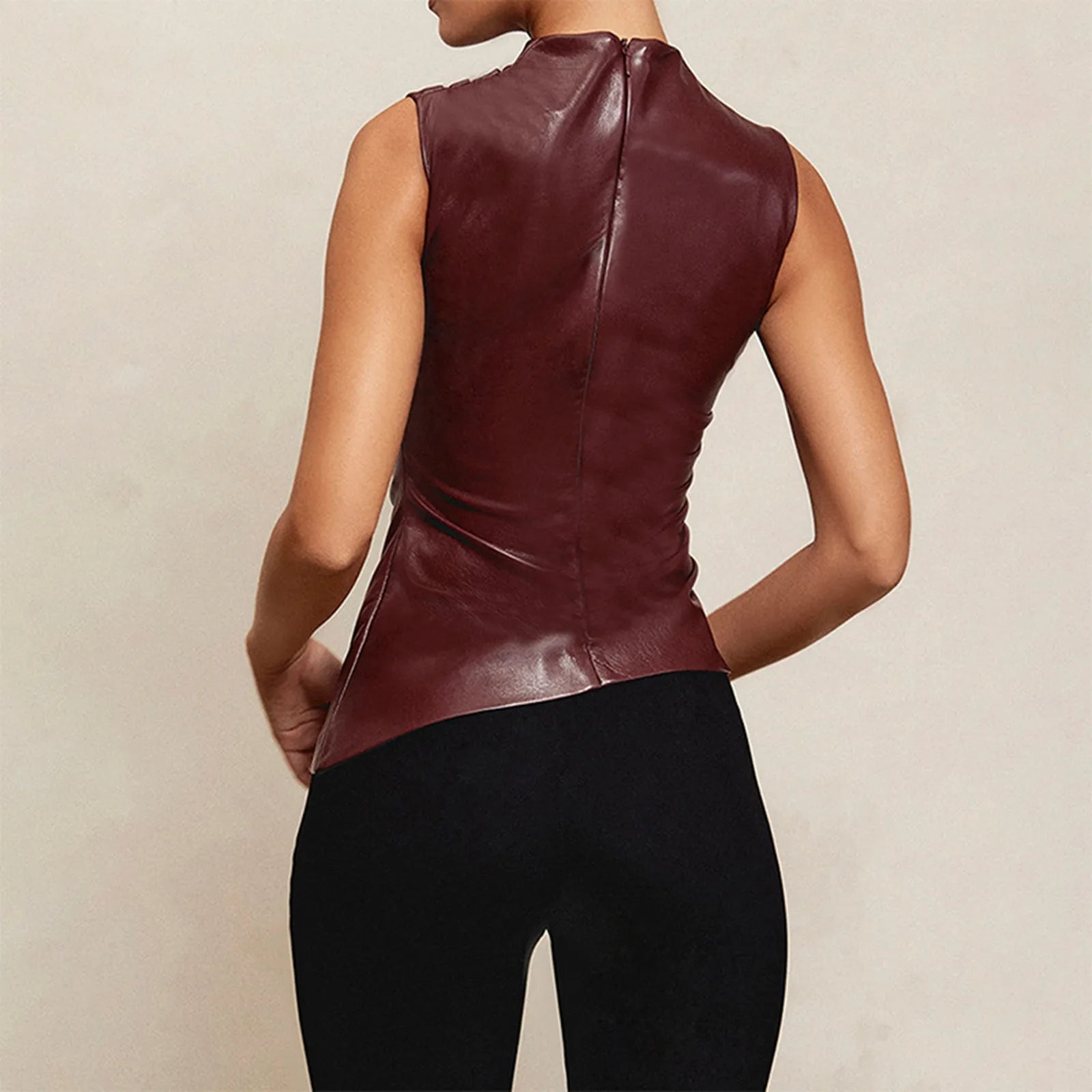 PU Leather Tank Tops Women Summer Sleeveless Pleated Slim Female Top Sexy Sheath Zipper Elastic Lady Ruched Shirt Streetwear - Premium  from Lizard Vigilante - Just $12.99! Shop now at Lizard Vigilante