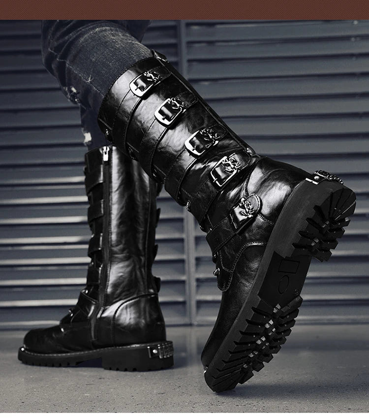 DEADFUEL BLACKOUT: Men’s Mid-Calf Leather Motorcycle Boots with Zip Buckle – Streetwear Punk Cowboy Tool Boots for Winter Chaos - Premium boots from dsers - Just $135.99! Shop now at Lizard Vigilante