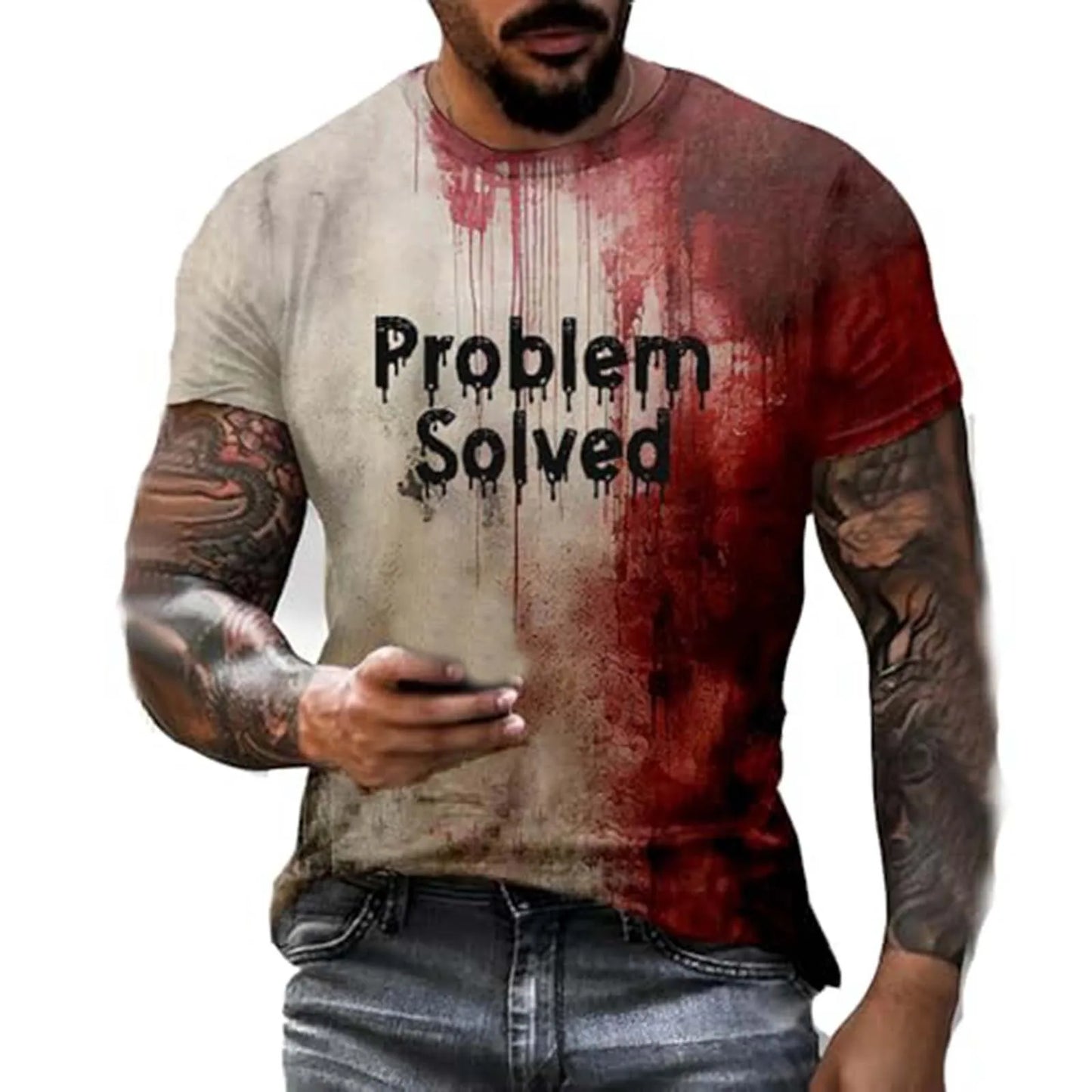 Problem Solved Bloody Fonts T-Shirt Male 2024 Halloween Print Tops Short Sleeve Round Neck Distressed T Shirt Holiday Party Top - Premium  from Lizard Vigilante - Just $11.99! Shop now at Lizard Vigilante