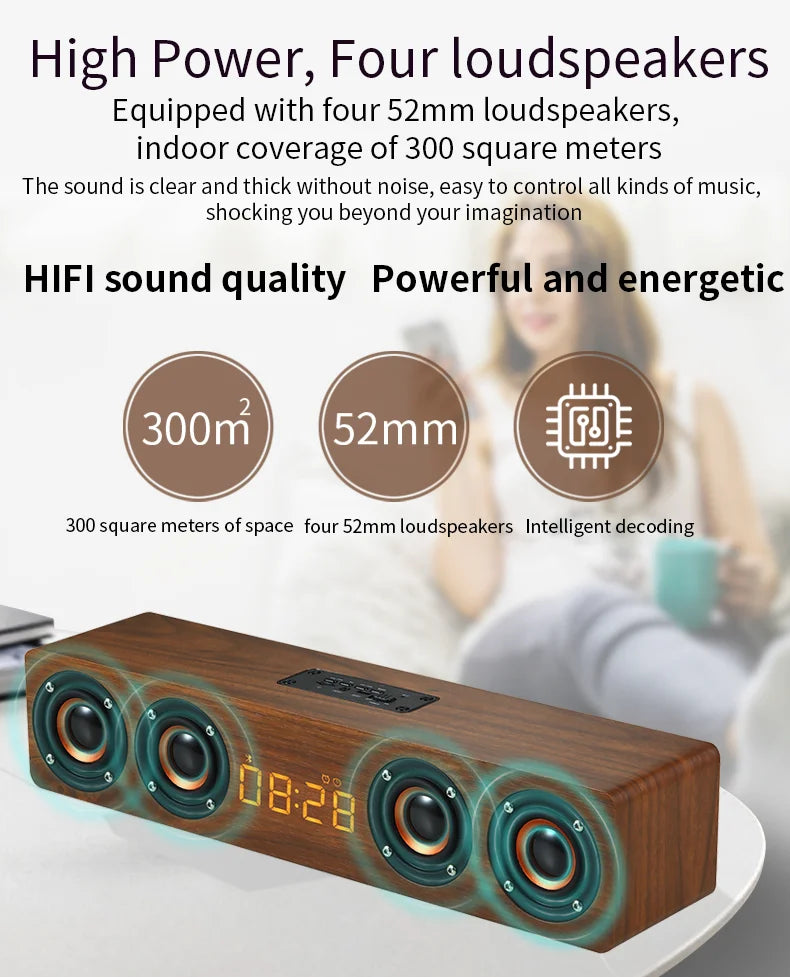 Wooden Bluetooth Speaker Portable Wireless Subwoofer Clock Soundbox Home Computer Echo Wall Soundbar HiFi Stereo TF AUX U Disk