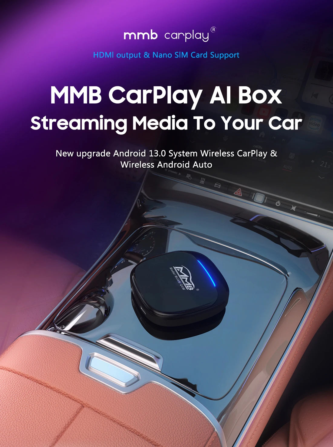 MMB MAX 5.0 “Road Riot AI Box” — Android 13, 8-Core QCM6225, Wireless CarPlay & Android Auto, Split-Screen GPS, 8GB+128GB, Netflix/YouTube