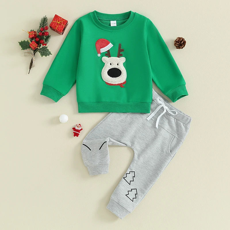 Toddler Boys Christmas Outfit – Santa/Elk Fuzzy Embroidery Long Sleeve Sweatshirt & Pants Set - Premium  from Lizard Vigilante - Just $24.88! Shop now at Lizard Vigilante