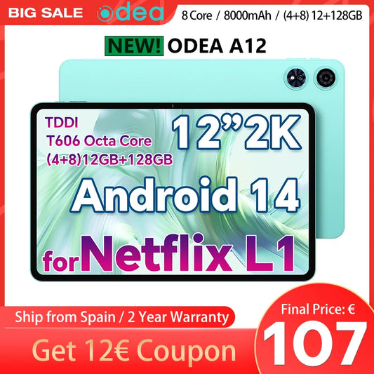 Odea A12 12 Inch Tddi Screen, 2000X1200 2K, Android 14 Tablet, (4+8)12Gb Ram, 128Gb Rom, Unisoc T606, 8 Cores, Mali-G57, 8000Mah, 13Mp+8Mp, Supports Tf up to 1Tb, Type C, Widevine Drm L1 for Netflix