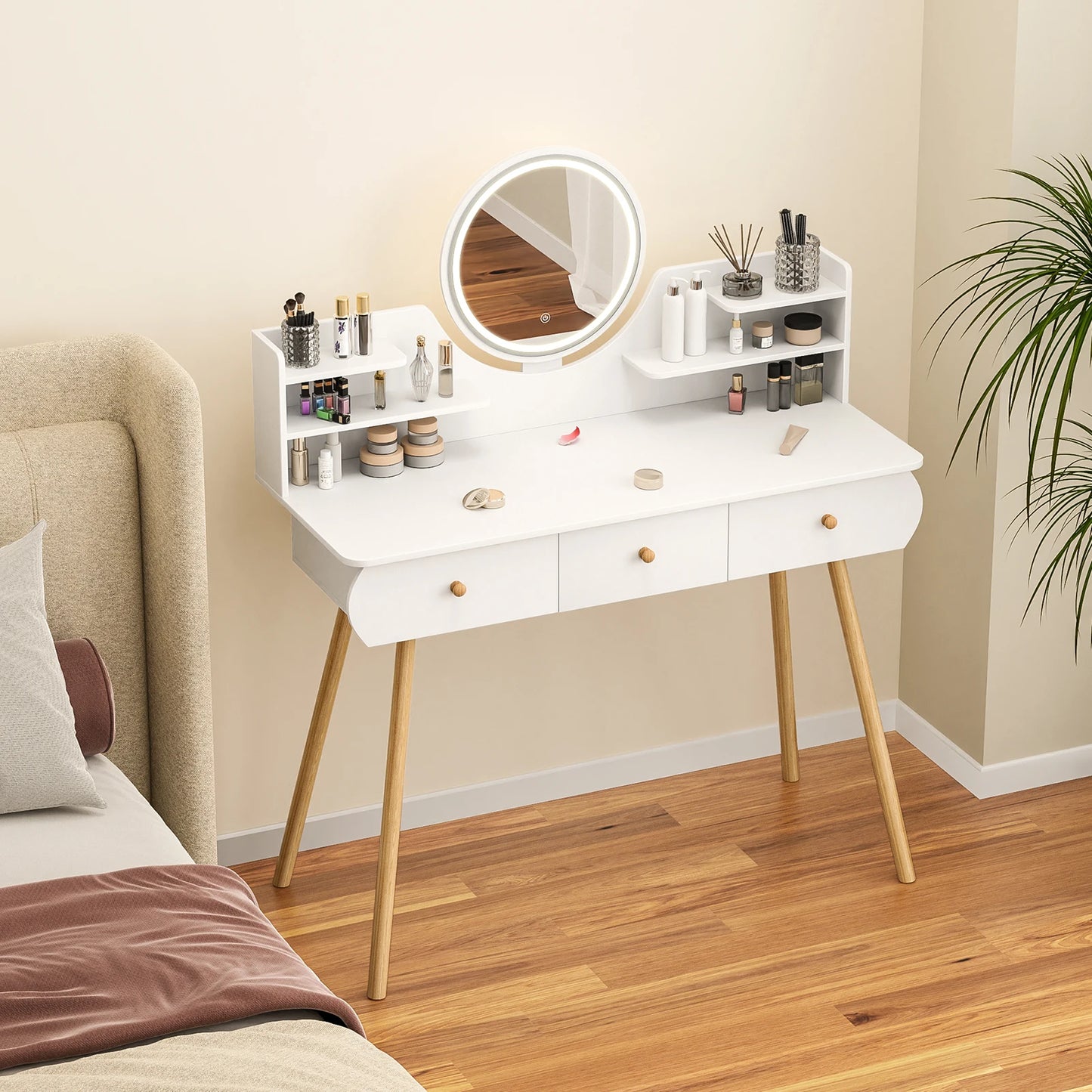 Makeup Vanity Desk with LED Lighted Mirror, Vanity Table with 4 Drawers and Opening Shelves, Bedroom Dressing Table - Premium  from Lizard Vigilante - Just $140.99! Shop now at Lizard Vigilante