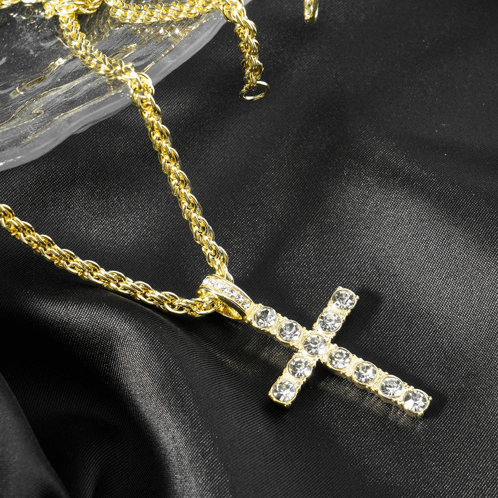 Hip Hop Cross Pendant Necklace Strap 4mm Zircon Tennis Chain Iced Out Sparkling Necklace Men Women Punk Jewelry Fashion Gift