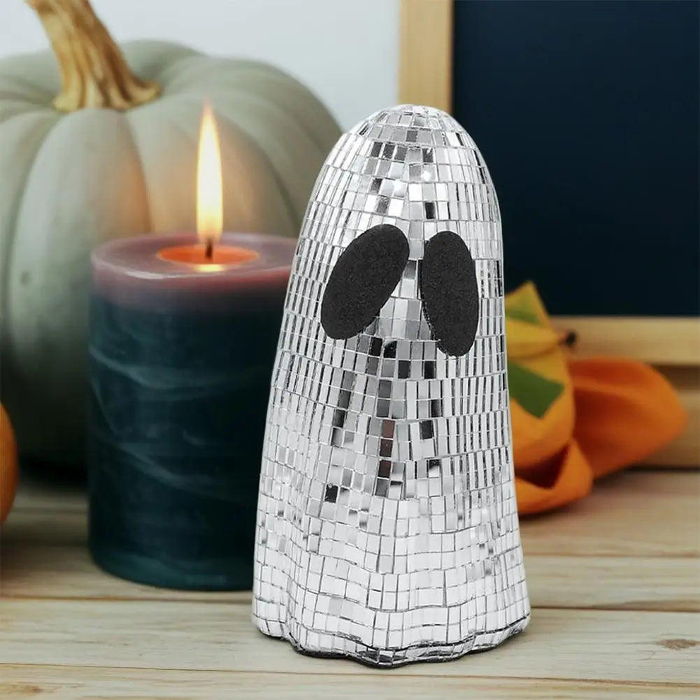Halloween Disco Ghost Ornament Silver Mosaic Mirror Disco Ghost Tabletop Decor Glitter Spooky Ghost Halloween Tiered Tray Decor
