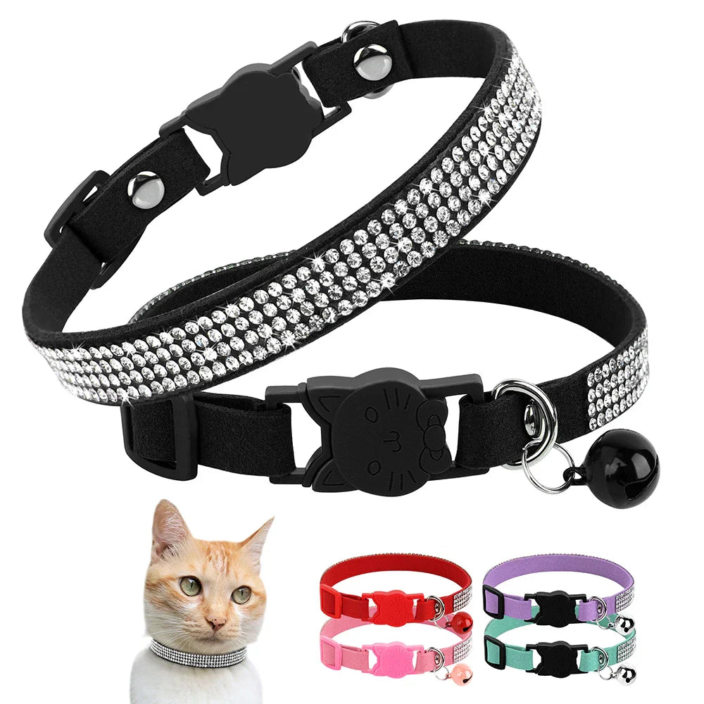 Soft Suede Leather Cat Collar Bling Rhinestone Cats Collars with Bell Safety Breakaway Pet Puppy Necklace Adjustable XS S Pink