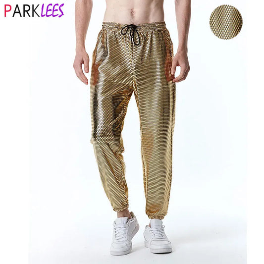 Mens Joggers Metallic Shiny Gold Fish Scales Sweatpants 70s Disco Dance Harem Pants Men Nightclub Stage Party Streetwear Trousers - Premium joggers from Lizard Vigilante - Just $34.99! Shop now at Lizard Vigilante