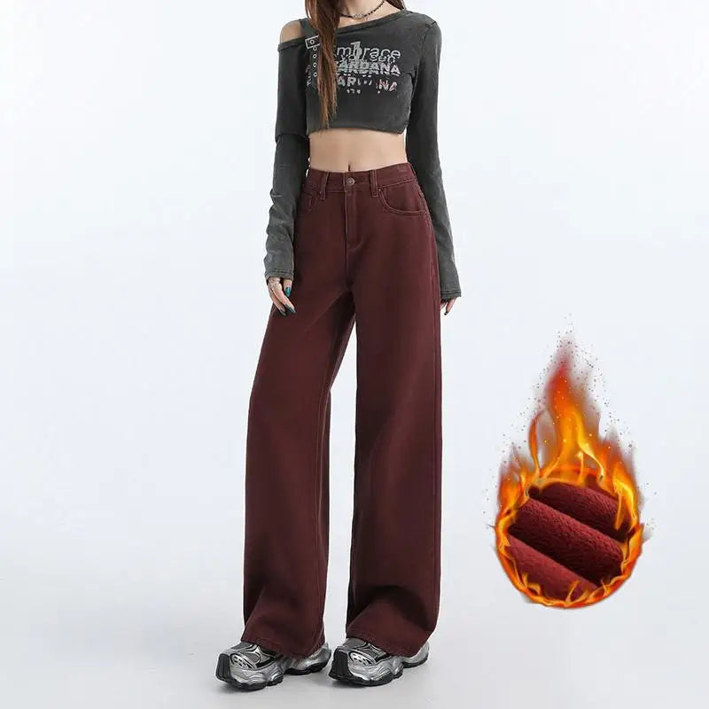 FINEWORDS Retro Angela Red Winter Jeans Women Thicken Cashmere High Waist Baggy Jeans Streetwear Casual Wide Leg Denim Pants