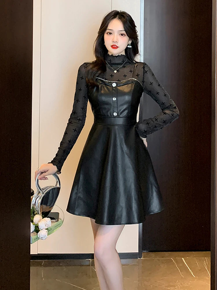 Vintage Gothic Mesh Leather Y2K Dress Set – High Street Queen’s Must-Have Two-Piece for Autumn/Winter - Premium dress from Lizard Vigilante - Just $51.08! Shop now at Lizard Vigilante