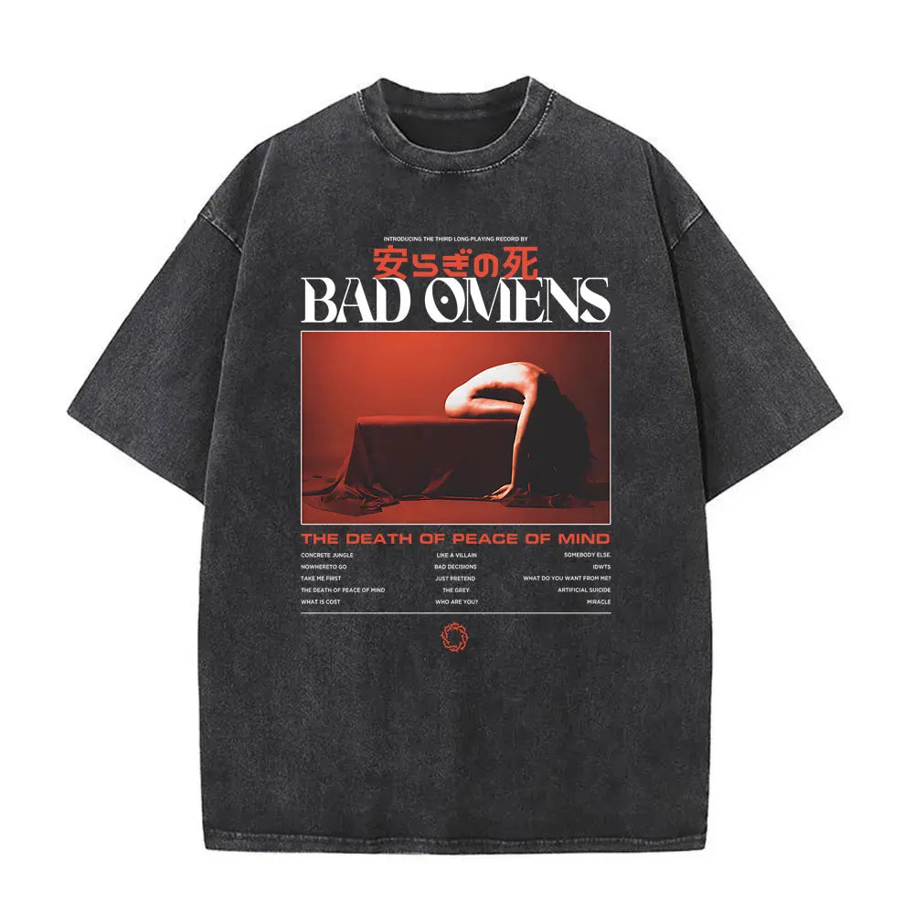 Washed Vintage Bad Omens Band T-Shirt | THE DEATH OF PEACE OF MIND Oversized T-Shirt for Men & Women | Rock Gothic Fashion Tee - Premium T-Shirt from Lizard Vigilante - Just $24.99! Shop now at Lizard Vigilante